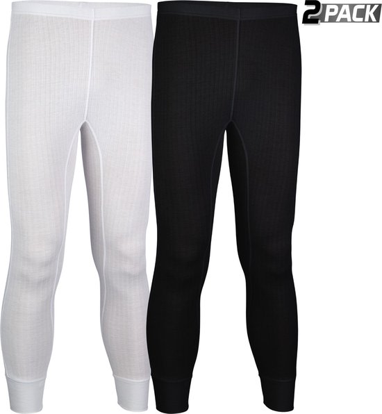 Een zwart en een wit thermobroek in een 2-pack, met ribbelpatroon en elastische enkelbanden.