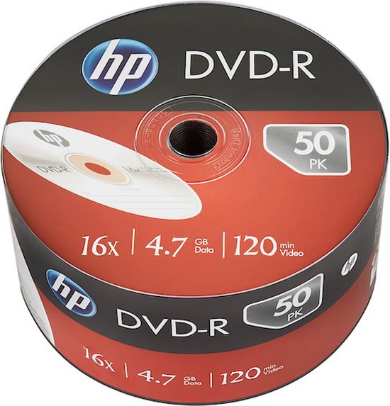 Stapel van 50 HP DVD-R schijven met 16x snelheid, 4.7 GB data en 120 minuten video capaciteit.