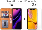 iPhone 12 hoesje bookcase bruin wallet case portemonnee hoes cover hoesjes - 2x iPhone 12 screenprotector