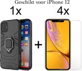 iPhone 12 hoesje Armor Case Zwart Kickstand Ring shock proof magneet - 4x iPhone 12 screenprotector