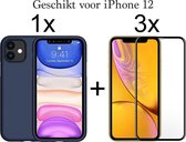 iPhone 12 hoesje donker blauw siliconen hoesjes cover hoes - Full cover - 3x iPhone 12 Screenprotector
