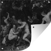 Tuinposters Nimfen vullen de hoorn des overvloeds in zwart wit - Schilderij van Peter Paul Rubens - 50x50 cm - Tuindoek - Buitenposter