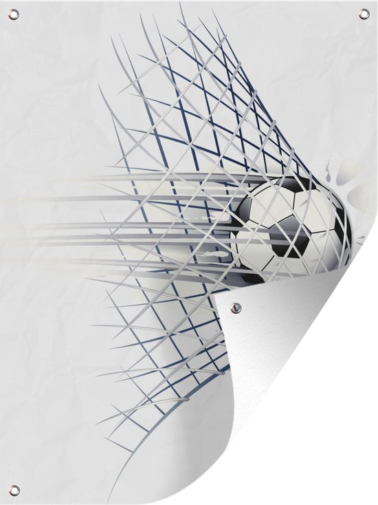 Muurdecoratie buiten Een illustratie van een voetbal die het doel in gaat - Jongetjes - Meisjes - Kids - 120x160 cm - Tuindoek - Buitenposter