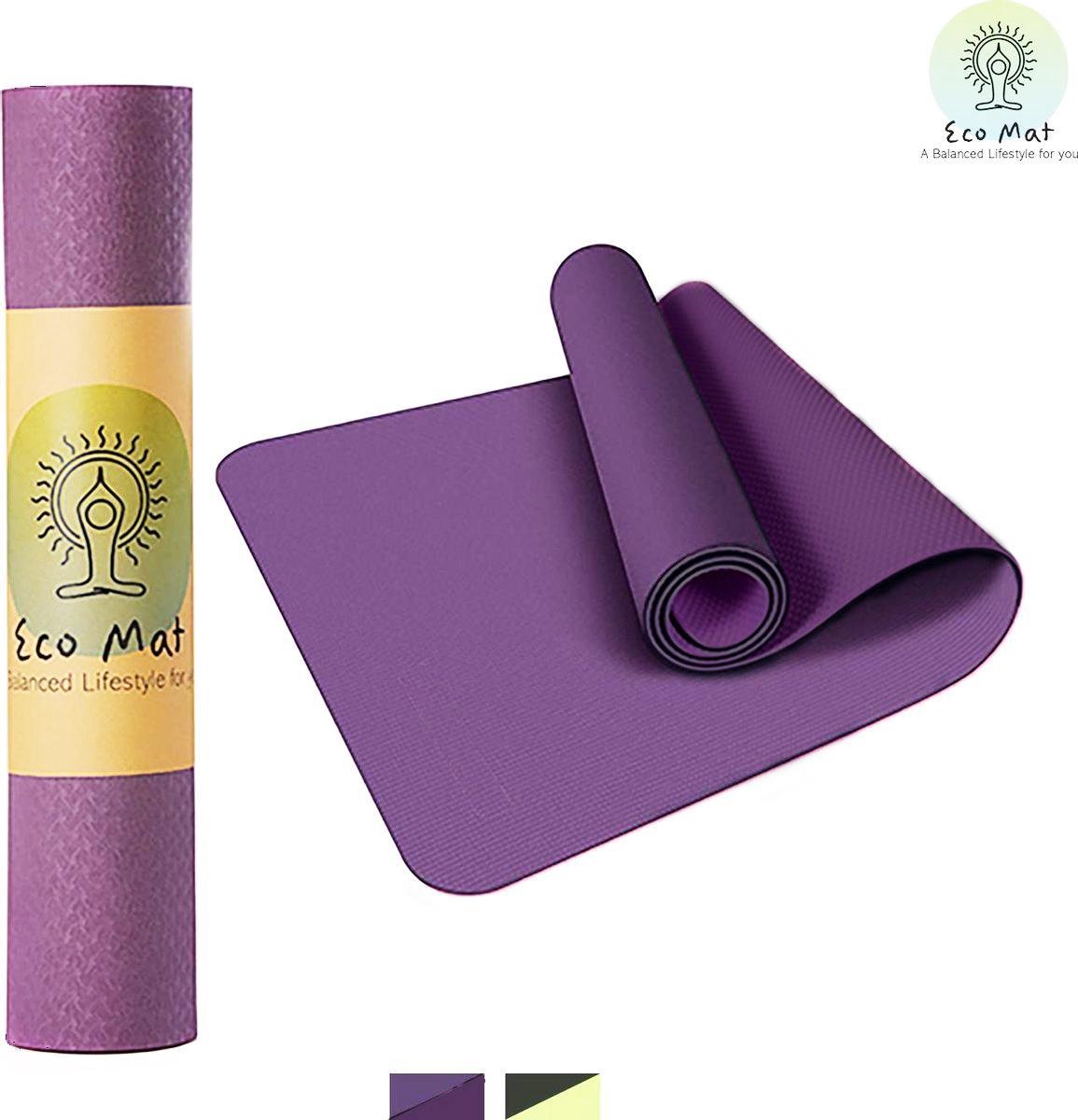 Eco Yoga Mat - Inclusief Draagriem - Anti Slip - Extra Dik (6 mm) - 61 x 183 x 0,6 cm - Paars - Dive