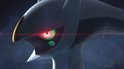 Close-up van Arceus' gezicht
met gloeiende rode ogen.