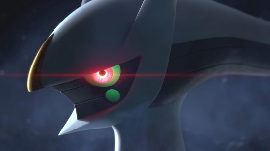Close-up van Arceus' gezicht
met gloeiende rode ogen.