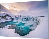 Wandpaneel Waterval in ijslandschap  | 120 x 80  CM | Zilver frame | Wand-beugels (27 mm)