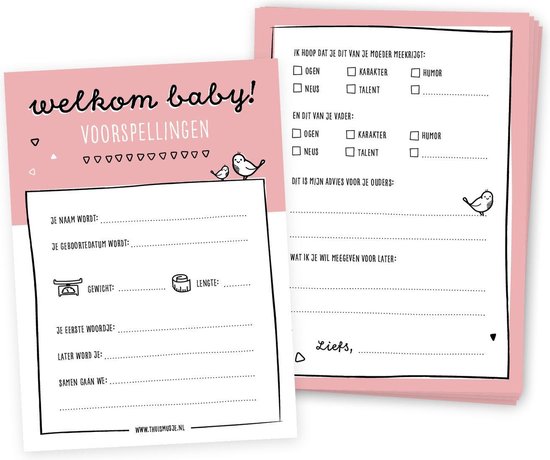 Babyshower invulkaarten roze | 20 stuks | baby voorspellingskaarten ...