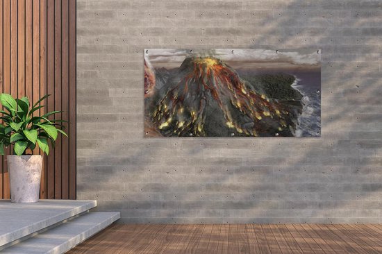 Une illustration d'une photo aérienne d'une affiche de jardin d'éruption volcanique 160x80 cm - Toile de jardin / Toile d'extérieur / Peintures d'extérieur (décoration de jardin)