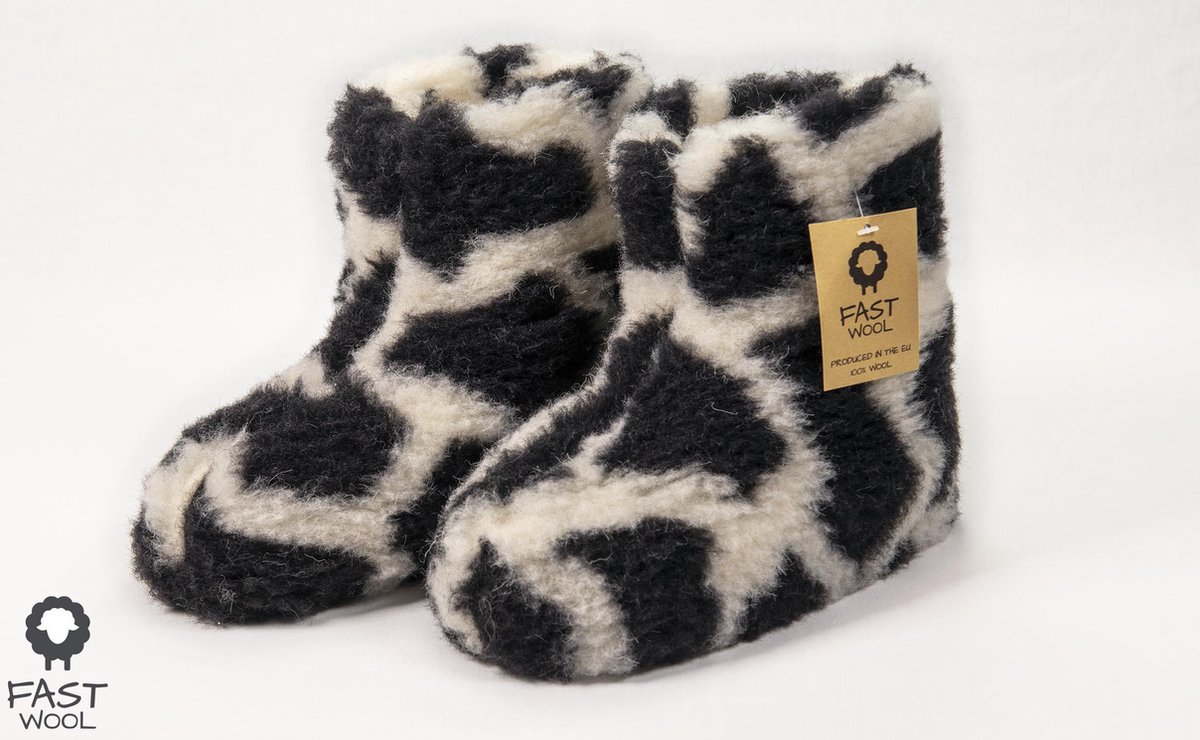 FAST WooL - 100% merinowol - Wollen sloffen - laars model - zwart wit - maat 40