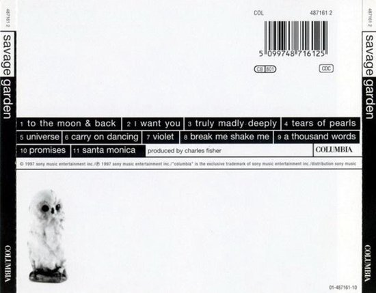 Achterkant albumhoes Savage Garden met tracklist, logo's en kleine uil.