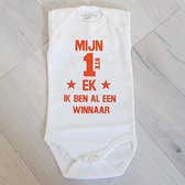 Baby Rompertje tekst Mijn eerste EK - Oranje fan baby voetbal Nederlands elftal | Mijn eerste EK ik ben al een winnaar| lange mouw | wit oranje | maat  hup holland hup babykleding