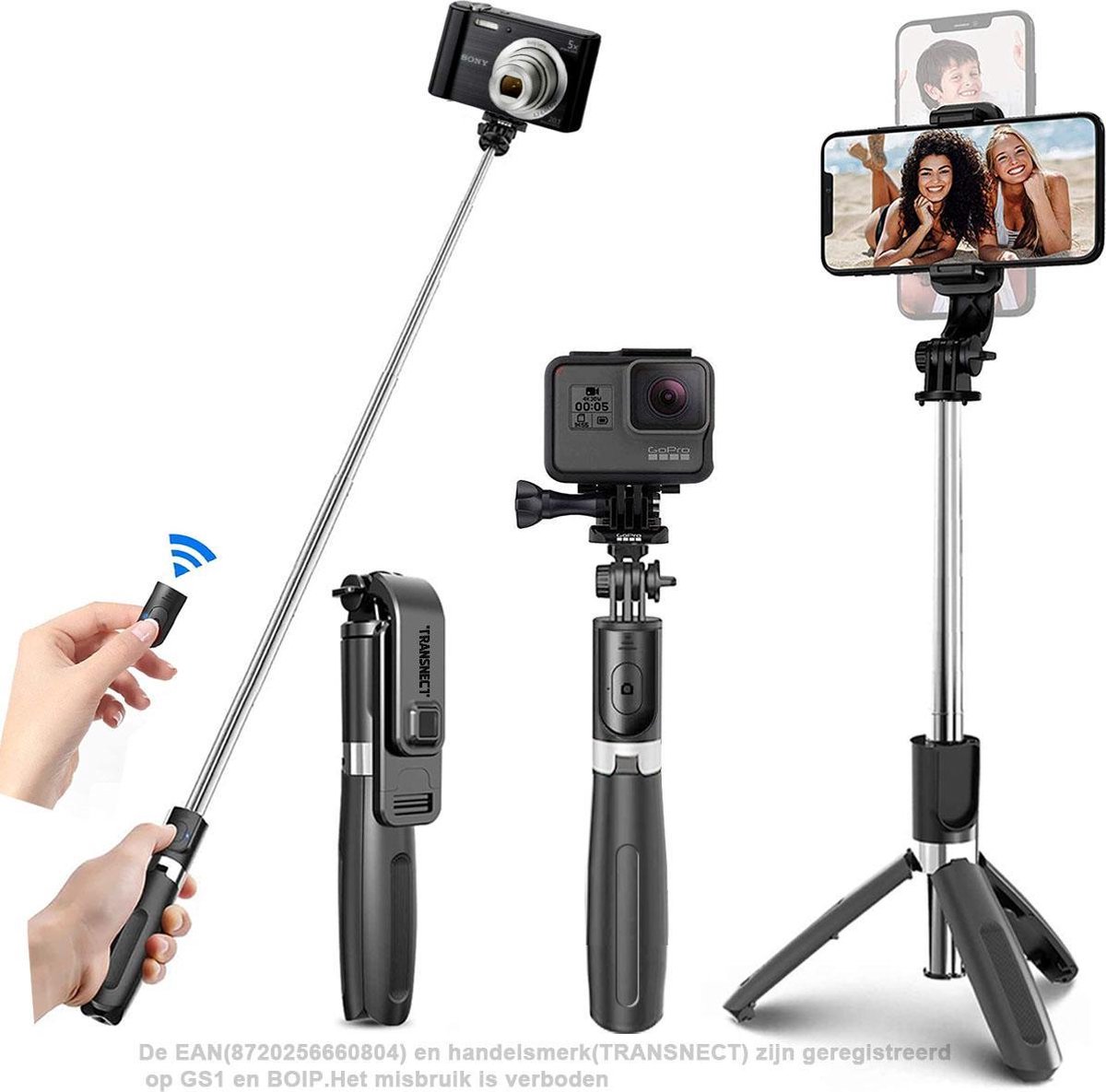 Selfie Stick Universeel Tripod - 4 in 1- met Bluetooth Afstandsbediening -  360° en... | bol.com