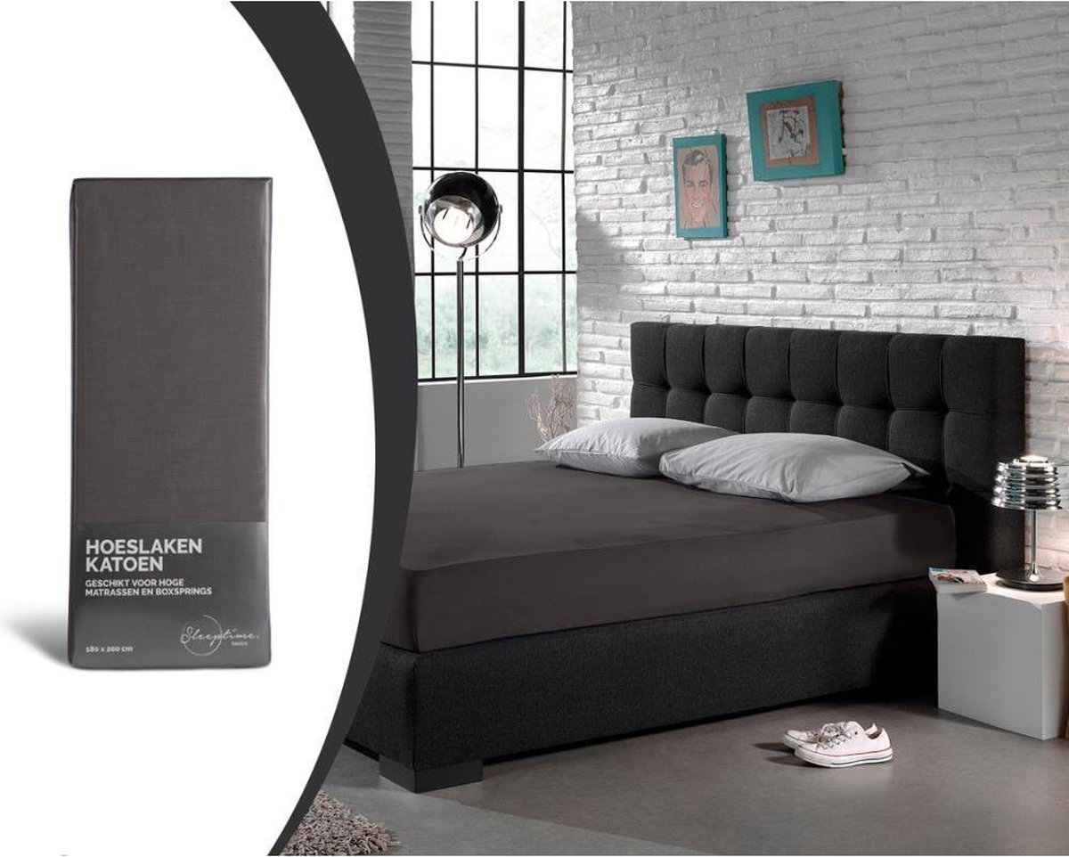 Sleeptime Hoeslaken Katoen - Hoeslaken - 140x200 - Antraciet