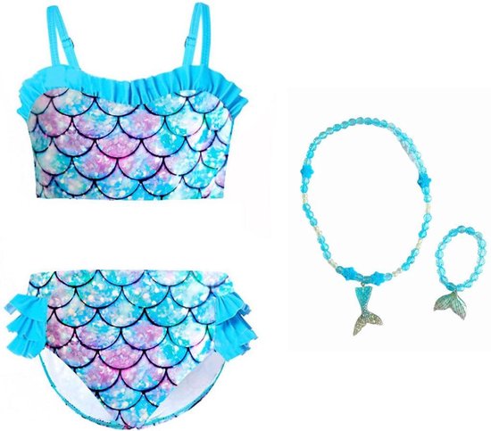 Zeemeermin bikini kinderen blauw 104-110 (110) + ketting en armband  Zeemeermin jurk... | bol.com