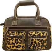 Lederen dames tas met jaguar print – Dames tas leer met jaguar print – Handtas donkerbruin leer met tijgerprint