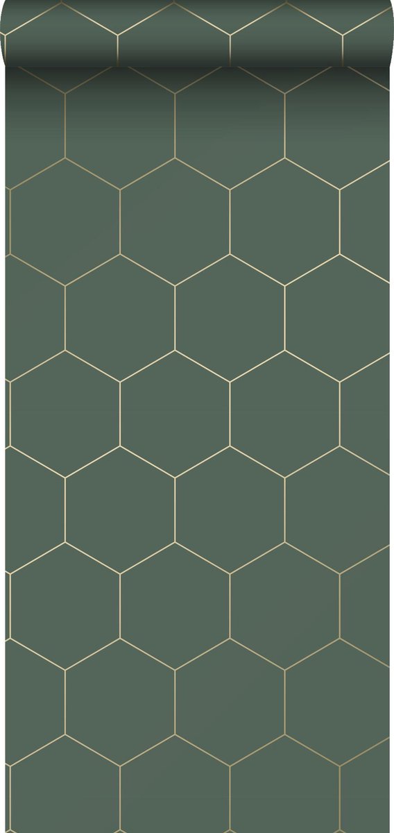 ESTAhome behang hexagon-motief donkergroen en goud - 139228 - 0.53 x 10.05 m