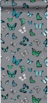 ESTAhome behang vlinders zilver en turquoise - 138510 - 53 cm x 10,05 m