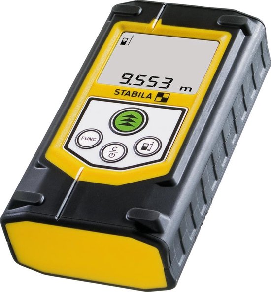 Gele en zwarte afstandsmeter van Stabila met een display dat 9.553 m aangeeft.