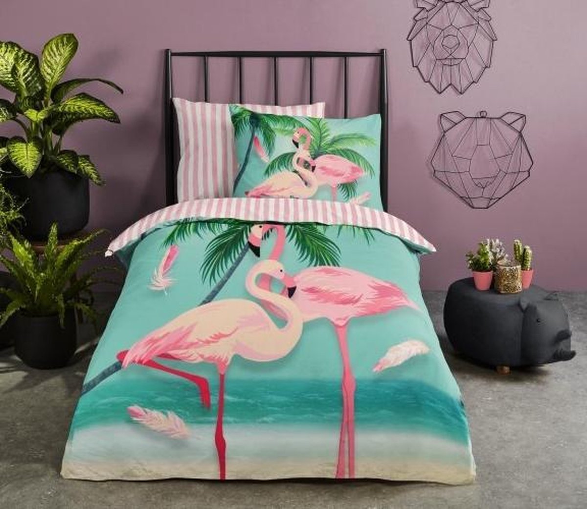 1-persoons dekbedovertrek (dekbed hoes) “flamingo aan zee 
