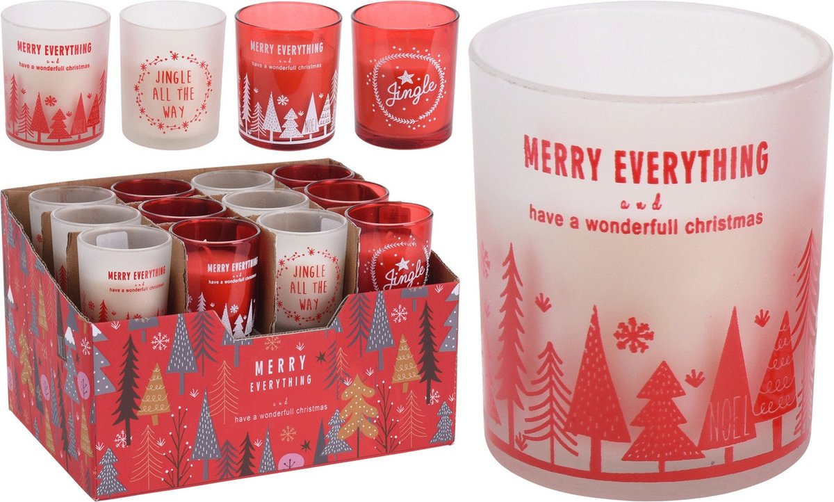 H&S Decoration Kaars - In Glas Kerst Assorti - kerst - kerstverlichting - sinterklaas - sinterklaascadeau wit-rood