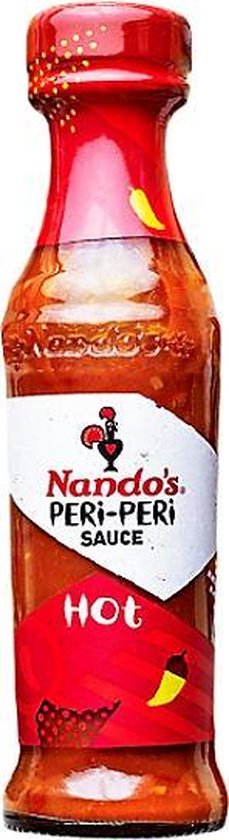 Fles Nando's Peri-Peri Saus Hot 125g, met rode dop en opdruk.