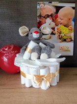 Luiertaart neutraal Cliniclowns-knuffelmuisje toet-pampertaart goud/grijs-Beziens baby-met gratis geboortekaartje-A merk Pampers-origineel geboorte geschenk–gender reveal