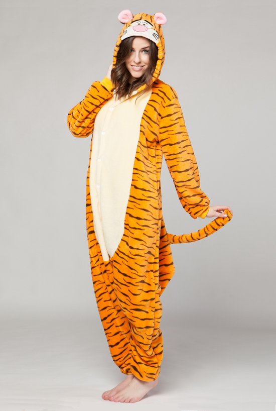 KIMU® Onesie Tijgertje Pak Kostuum Oranje - Maat S-M of 158-164 - Tijger Tijgerpakje Pyjama Jumpsuit Huispak - Panter Luipaard Man Vrouw Dames Heren Festival