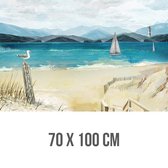 Allernieuwste Canvas Schilderij Rustig Landschap met Zeilboot aan Zee - Realistisch - Poster - 70 x 100 cm - Kleur
