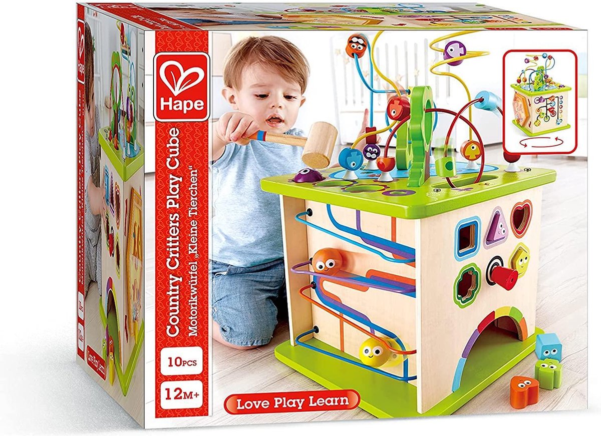 Hape - Houten speelkubus - Speelgoed met vormsorteerpuzzel en kralenbaan
