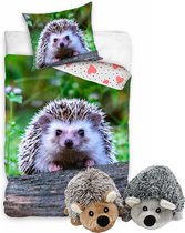 Dekbedovertrek Egel met 2 egel knuffels 18 cm-  slaapkamer dekbed, 140 x 200 cm, met pluche knuffel hedgehog speelgoed.