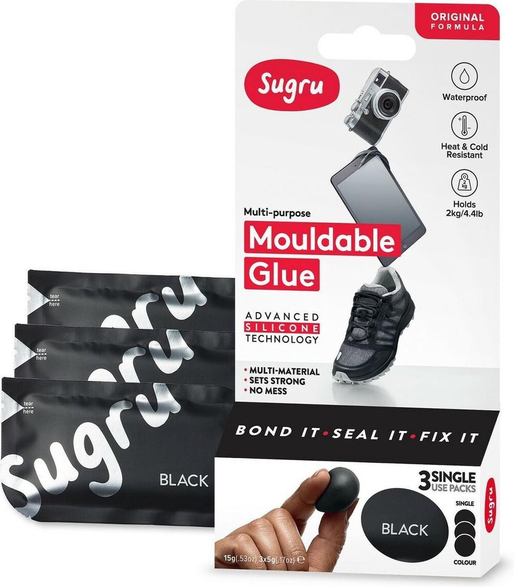 Sugru kneedbare lijm - kit, 3-pack (3 x 5 g) in de kleur zwart - Sugru