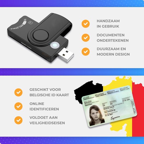 ROLA Identiteitskaartlezer - Kaartlezer Identiteitskaart - eID kaartlezer - Smart card reader - ID Reader - ID Kaartlezer - Windows / Mac / Linux - ROLA