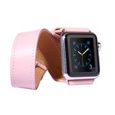 Voor Apple Watch 38 mm dubbele cirkel stijl metalen gesp rundleder horlogeband met connector (roze)