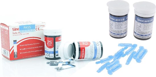 100 STUKS – Sinocare Safe AQ Smart – Glucosemeter – 50 Test strips & 50 Lancets – Voordeelverpakking 100 stuks