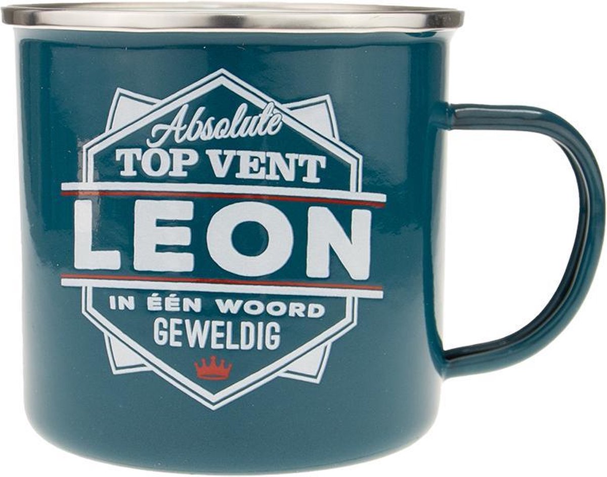 Mok - Top vent - Leon - Geëmailleerd - Gevuld met een snoepmix - In cadeauverpakking