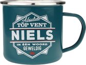 Mok - Top vent - Niels - Geëmailleerd - Gevuld met een verpakte toffeemix - In cadeauverpakking