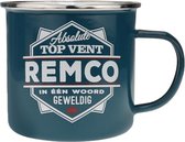 Mok - Top vent - Remco - Geëmailleerd - Gevuld met een verpakte toffeemix - In cadeauverpakking