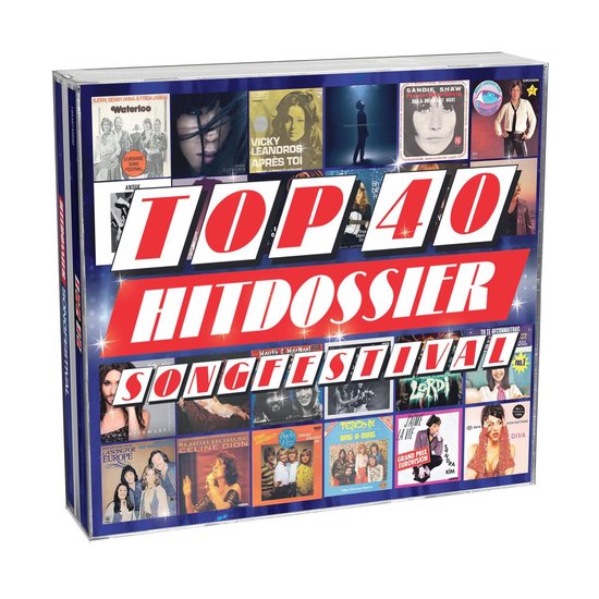 Box met albumhoezen met de titel "TOP 40 HITDOSSIER SONG FESTIVAL" in rode letters.