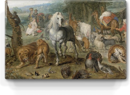 Schilderij - Paradijslandschap met dieren - Jan Breughel de oude - 30 x 19,5 cm - Niet van echt te onderscheiden handgelakt schilderijtje op hout - Mooier dan een print op canvas.