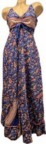 Dames zijde maxi jurk met dunne schouderbandjes en aantrekkoordje onesize 36-40 donkerblauw/bruin/beige