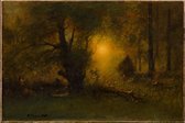 Kunst: Zonsopkomst in het bos van George Inness. Schilderij op aluminium, formaat is 30X45 CM