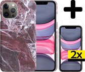 Hoes voor iPhone 11 Pro Max Hoesje Marmer Case Rood Hard Cover Met 2x Screenprotector - Hoes voor iPhone 11 Pro Max Case Marmer Hoesje Back Cover - Rood