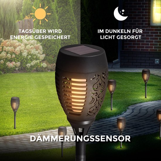 B.K.Licht - Solar Tuinfakkels zwart  - 4 stuks - Tuinlantaarns met grondspies LED - zaklampen - Tuinverlichting - Vlamlicht - Padverlichting - IP44 - buitenverlichting op zonneenergie -