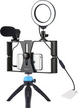 PULUZ 4 in 1 Vlogging Live Broadcast Smartphone Video Rig + 4.7 inch 12cm Ring LED Selfie Light Kits met microfoon + Statiefbevestiging + Cold Shoe Statiefkop voor iPhone, Galaxy, Huawei, Xia