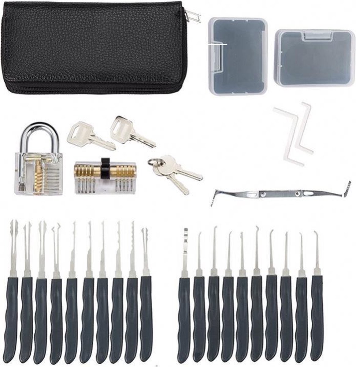 34 delige lockpick set voor beginners en gevorderden met 2x oefenslot een opberghoes en opberg doosjes - lockpicking set - survival kit - gereedschapset - vaderdag cadeau - doorzichtig slot transparant — cadeau in Hobby - foto 8