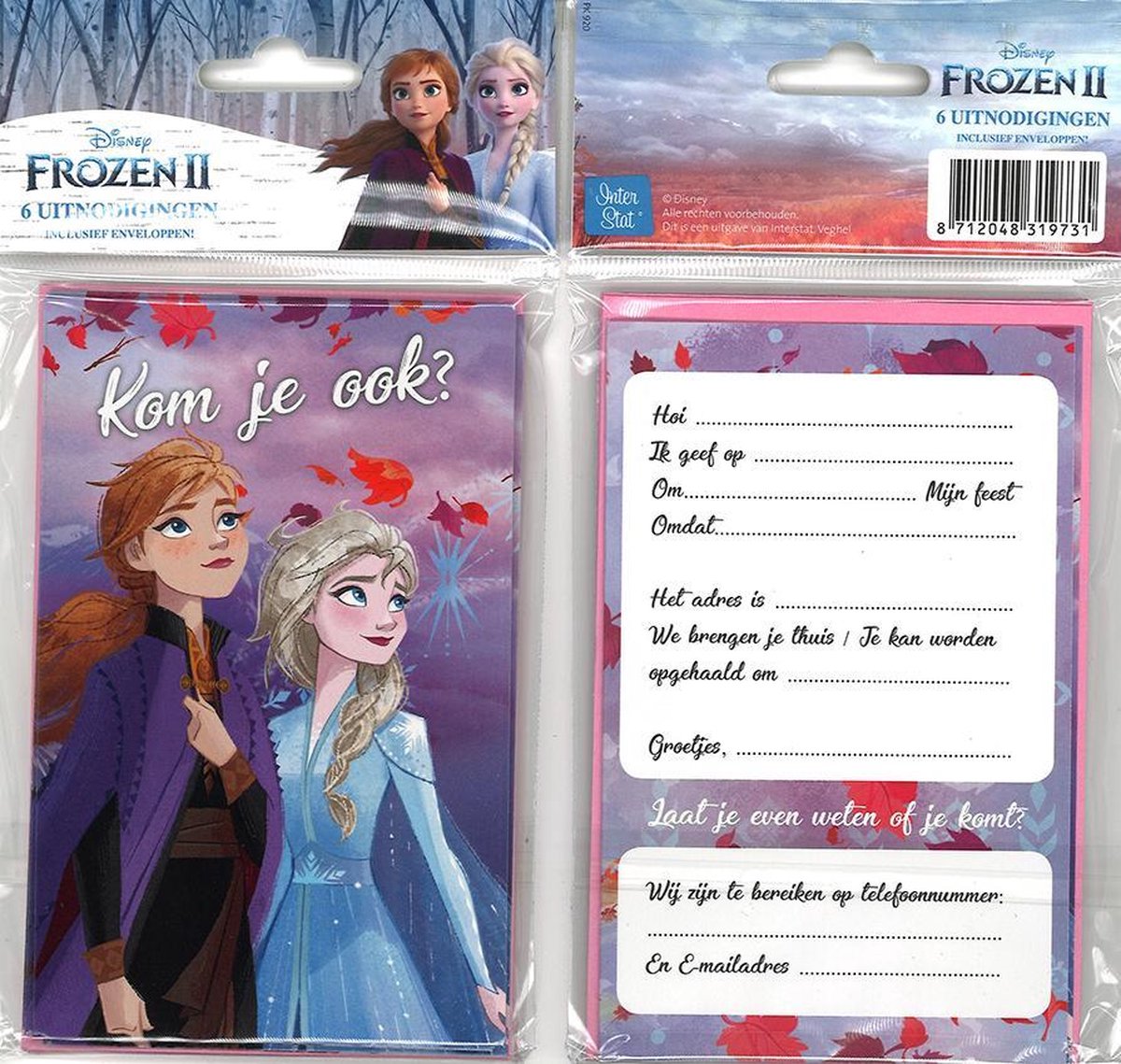 12 Uitnodigingskaartjes met envelop - Frozen II - "Kom je ook?" - 9 x 13.5 cm