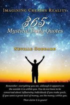 Boek 'Imagining Creates Reality. 365 Mystical Daily Quotes' van Neville Goddard, met een silhouette van een persoon met opgeheven armen onder een sterrenhemel.