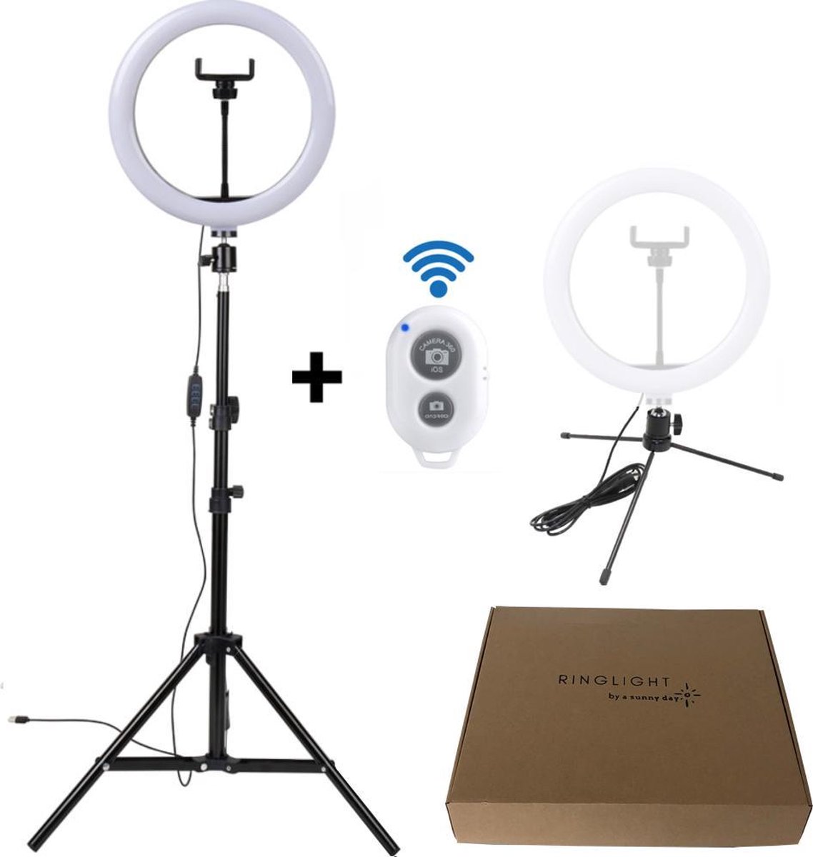 a sunny day ringlamp met statief, telefoonhouder en bluetooth afstandsbediening – LED - 10 inch / 26