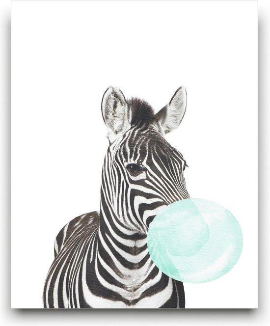 Schilderij  Zebra met Groene Kauwgom - Kinderkamer - Dieren Schilderij - Babykamer / Kinder Schilderij - Babyshower Cadeau - Muurdecoratie - 50x40cm - FramedCity